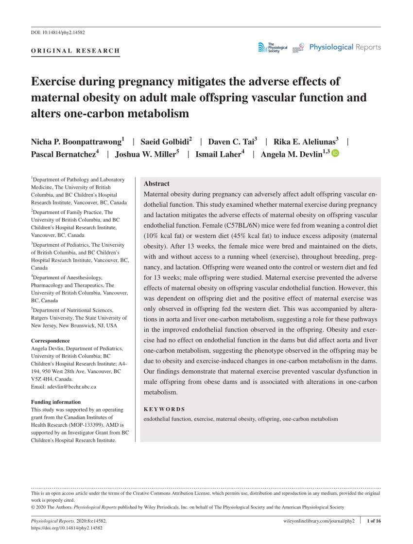 Pdf Exercise During Pregnancy Mitigates The Adverse Effects Of Maternal Obesity On Adult Male 1251