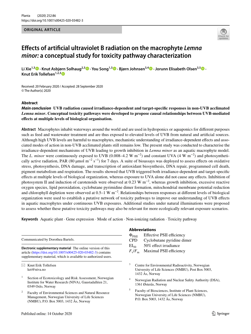 Pdf Effects Of Artificial Ultraviolet B Radiation On The Macrophyte Lemna Minor A Conceptual Study For Toxicity Pathway Characterization