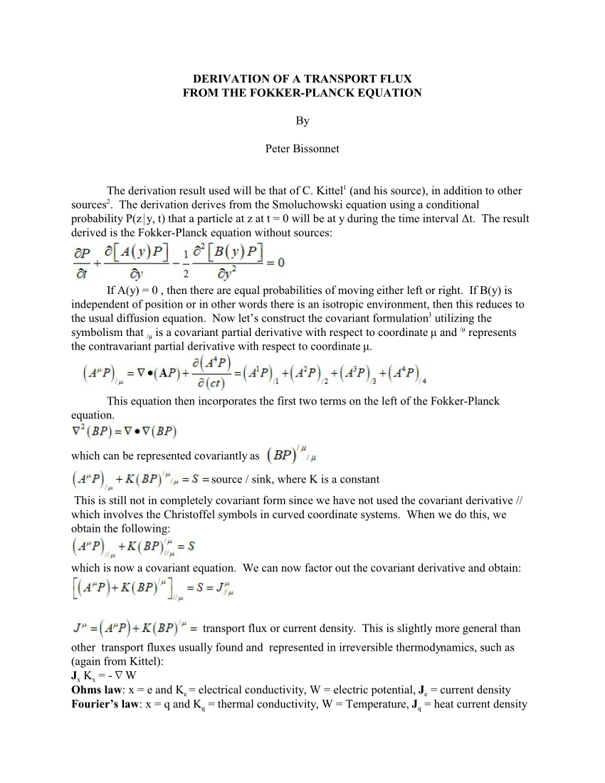 Pdf Derivation Of A Transport Flux From The Fokker Planck Equation