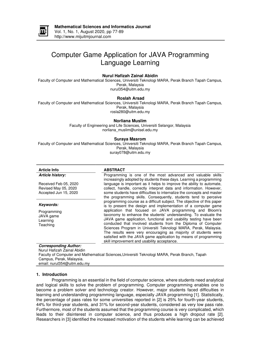 PDF) Computer Game Application for JAVA Programming Language Learning
