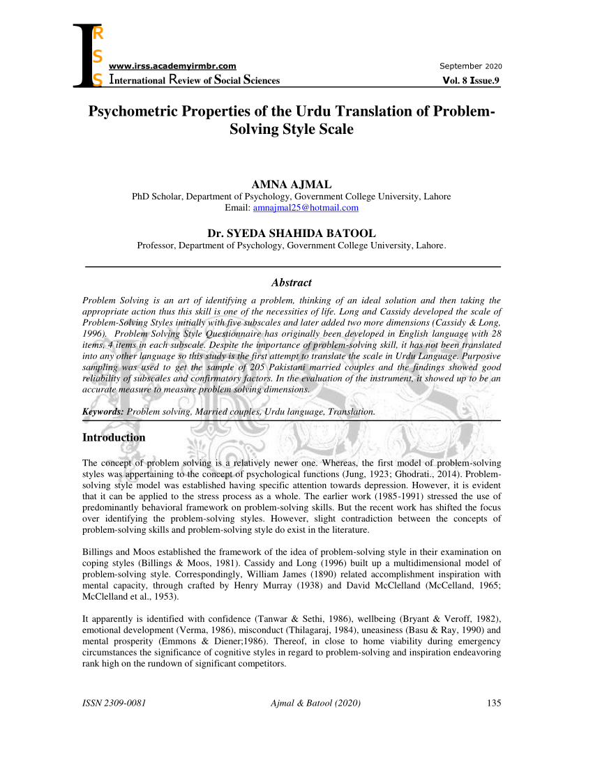 Pdf Psychometric Properties Of The Urdu Translation Of Problem Solving Style Scale