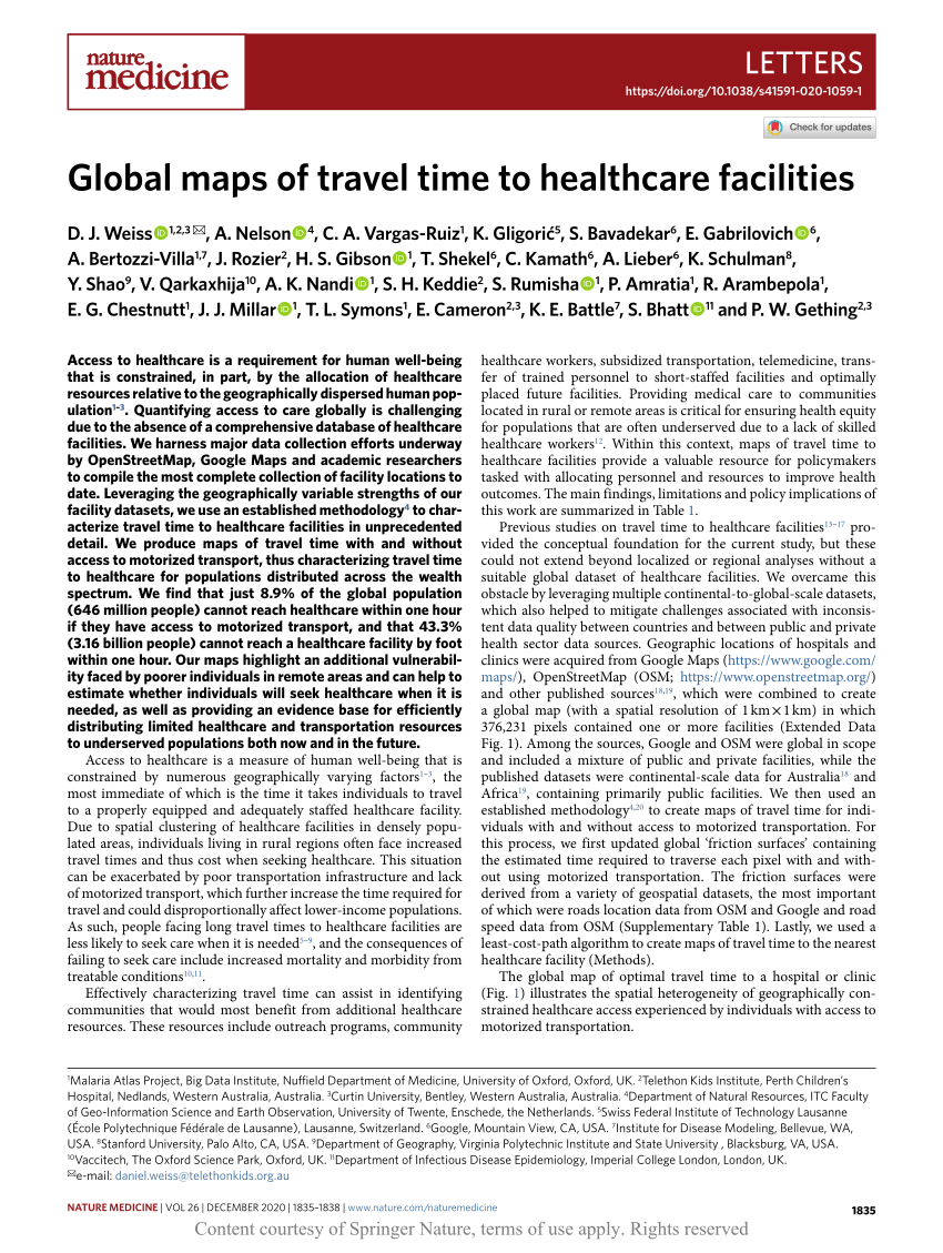 global maps of travel time to healthcare facilities