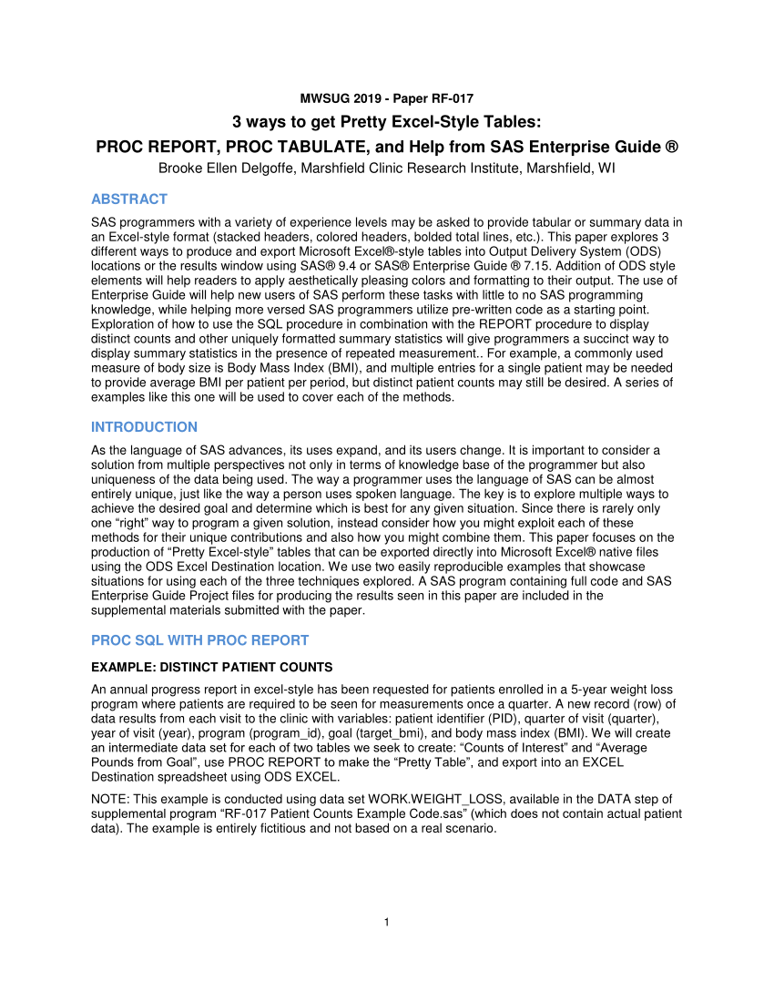 (PDF) 3 ways to get Pretty ExcelStyle Tables PROC REPORT, PROC