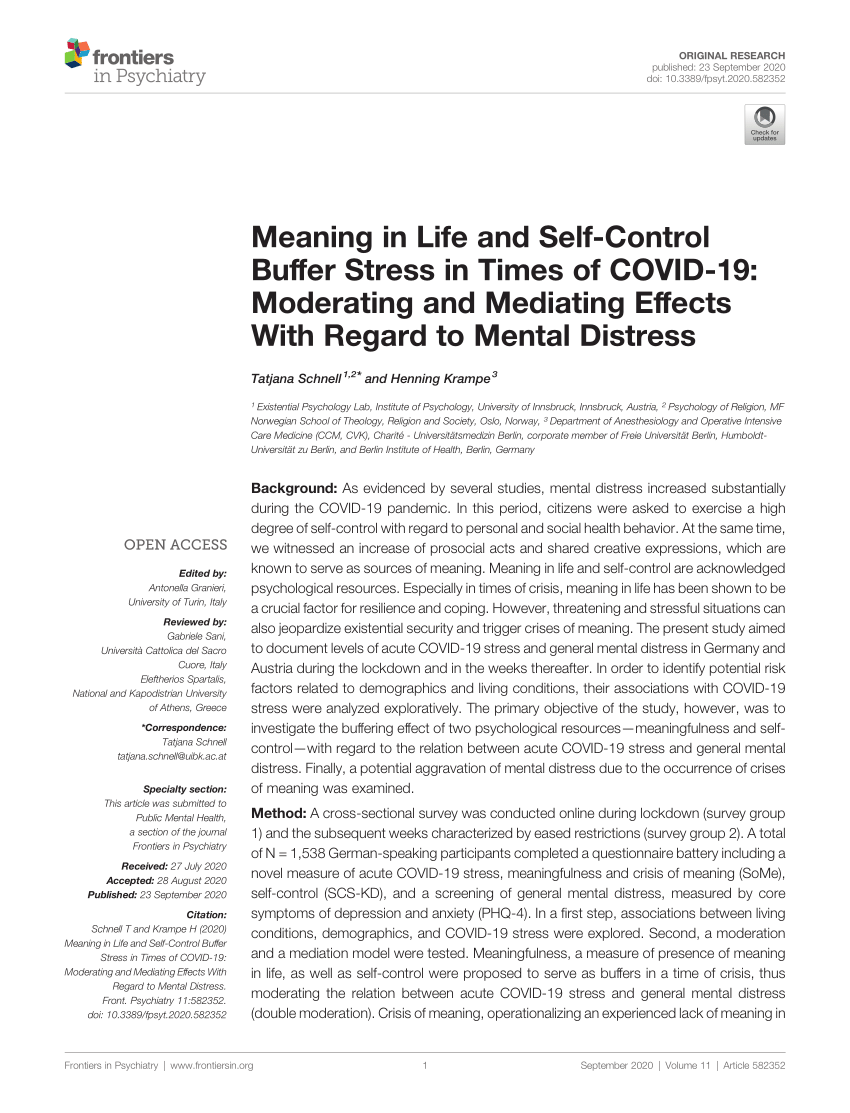 Pdf Meaning In Life And Self Control Buffer Stress In Times Of Covid 19 Moderating And Mediating Effects With Regard To Mental Distress