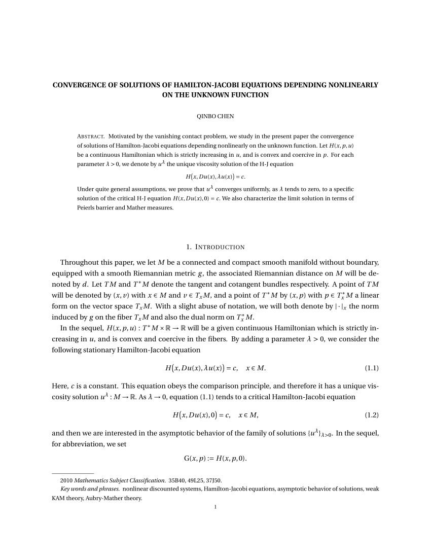 Pdf Convergence Of Solutions Of Hamilton Jacobi Equations Depending Nonlinearly On The Unknown Function