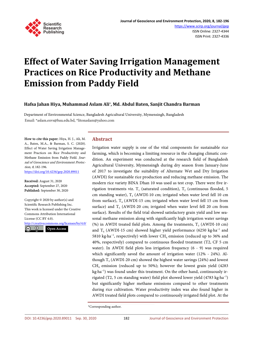 Pdf Effect Of Water Saving Irrigation Management Practices On Rice Productivity And Methane