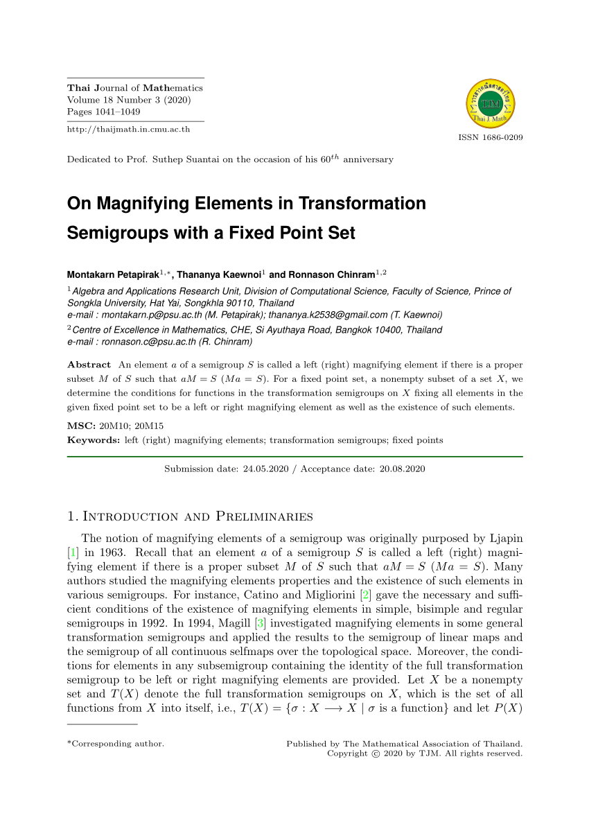Pdf On Magnifying Elements In Transformation Semigroups With A Fixed Point Set