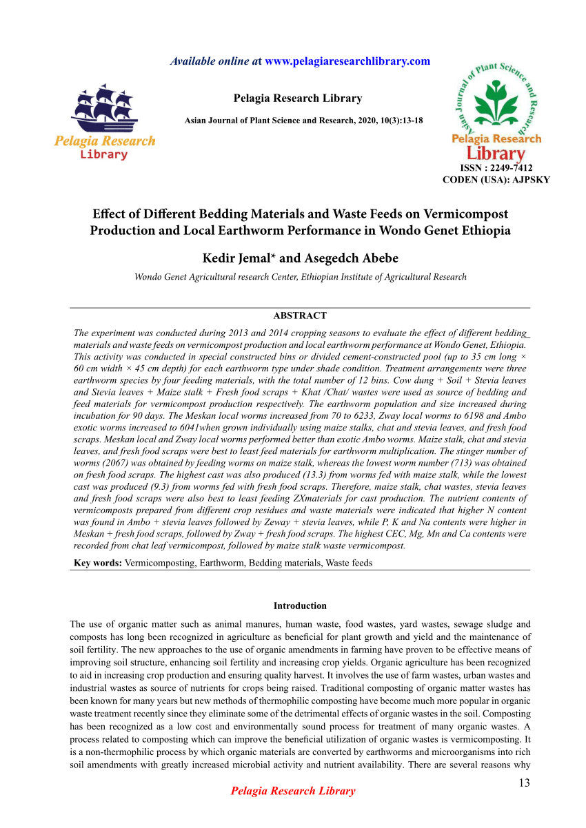 Pdf Effect Of Different Bedding Materials And Waste Feeds On Vermicompost Production And Local Earthworm Performance In Wondo Genet Ethiopia