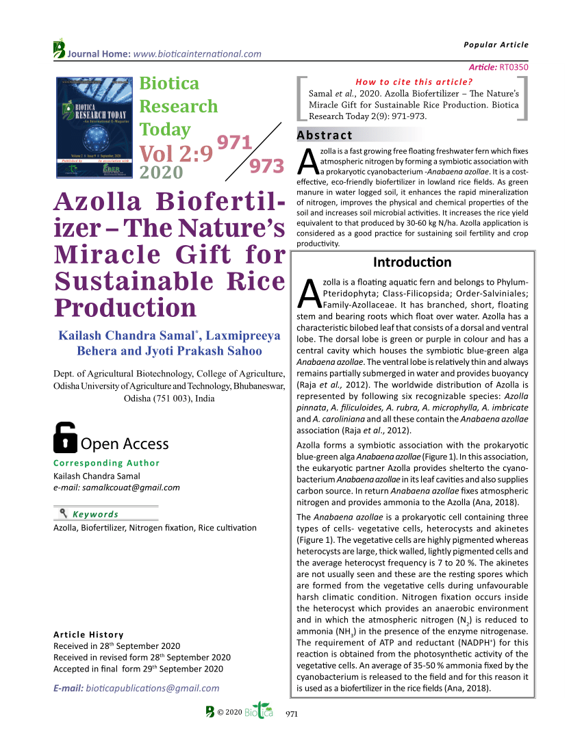 PDF) Azolla Biofertilizer -The Nature's Miracle Gift for