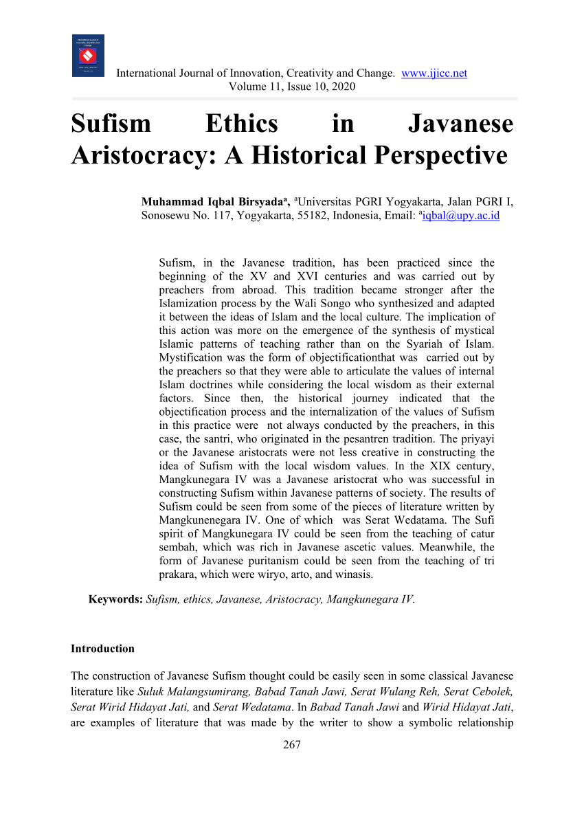 Pdf Sufism Ethics In Javanese Aristocracy A Historical Perspective