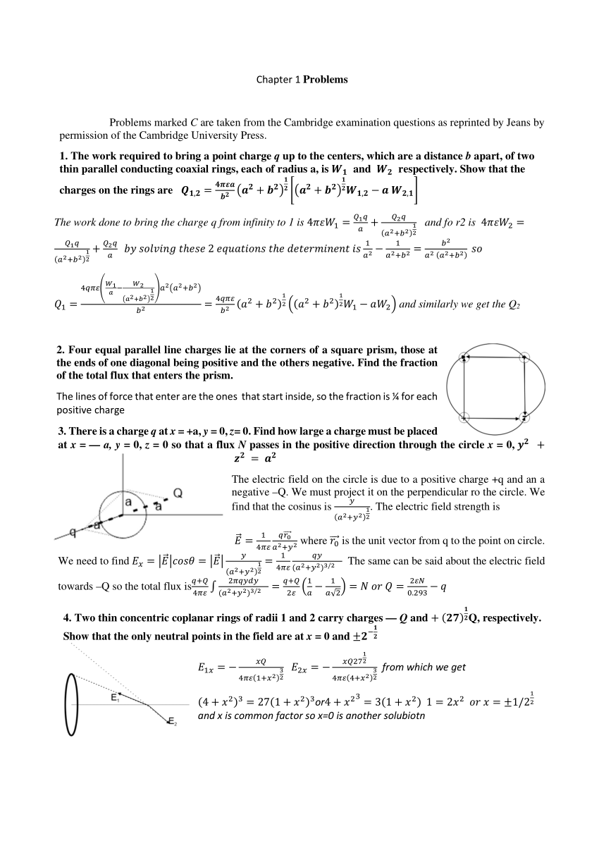 Pdf Solutions To The Exercises On Electrostatics Of Smythe S Chapters 1 And 2