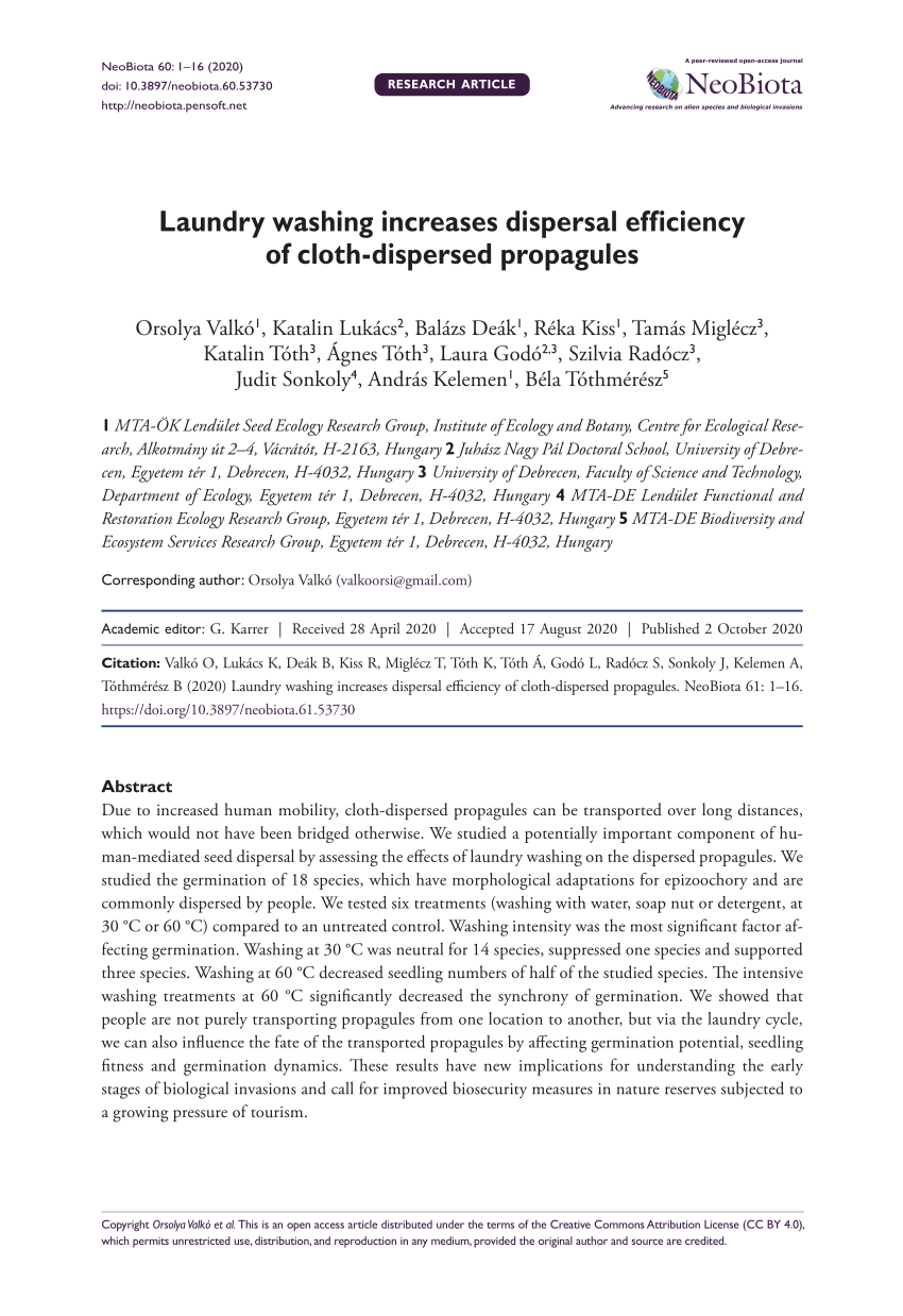 Pdf Laundry Washing Increases Dispersal Efficiency Of Cloth Dispersed Propagules Advancing Research On Alien Species And Biological Invasions