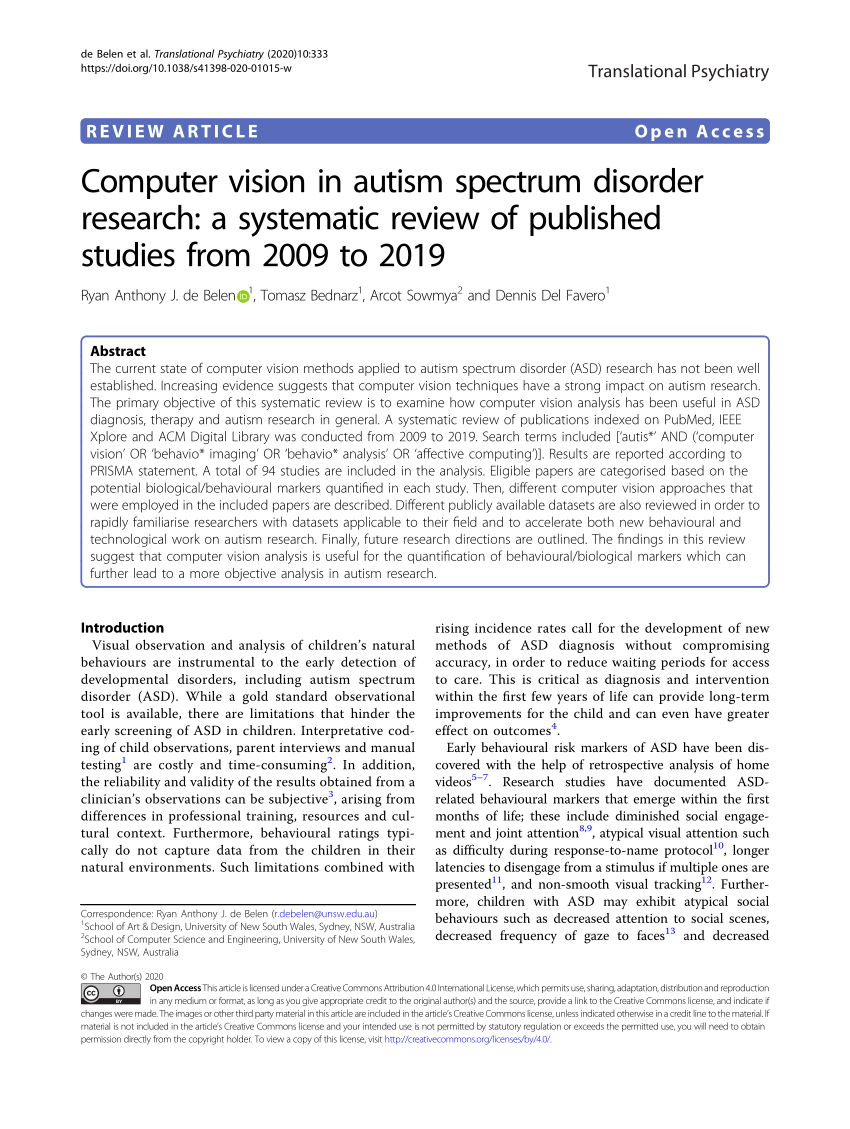 PDF) Computer vision in autism spectrum disorder research: a ...