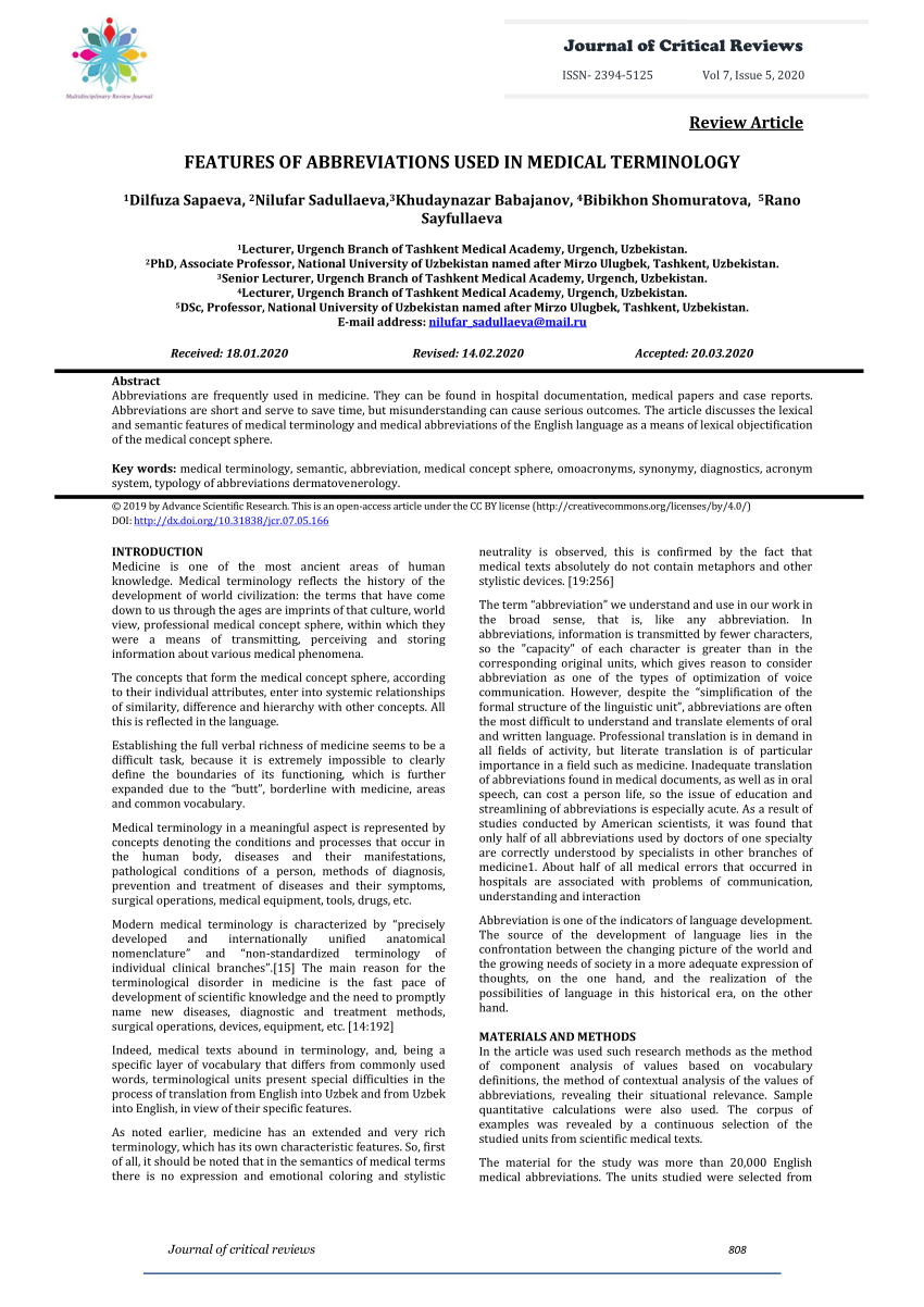 Pdf Journal Of Critical Reviews 808 Journal Of Critical Reviews Features Of Abbreviations Used In Medical Terminology