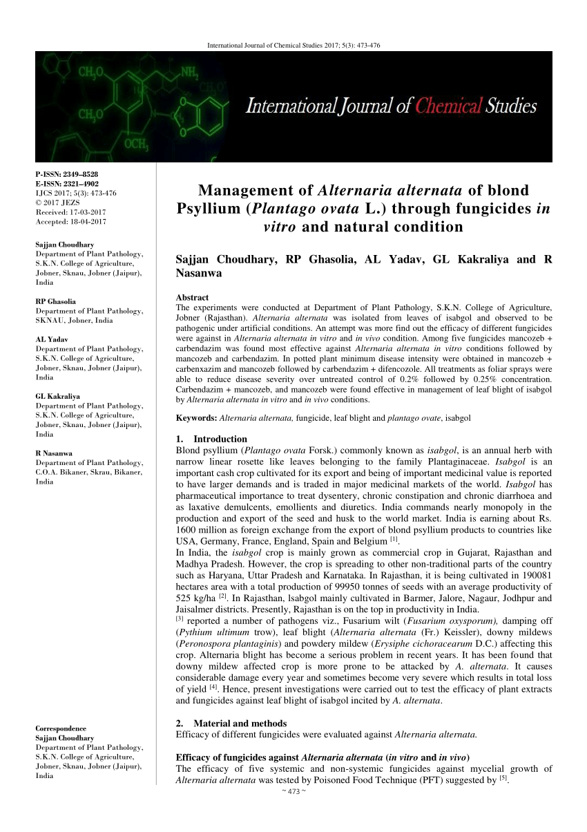 (PDF) Management of Alternaria alternata of blond Psyllium