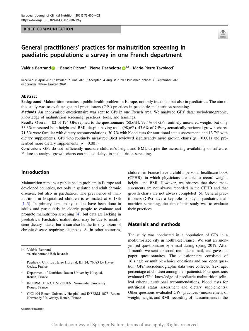 General practitioners' practices malnutrition screening in paediatric populations: a survey in one French department | Request PDF