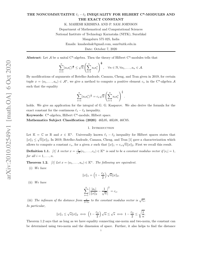 Pdf The Noncommutative Ell 1 Ell 2 Inequality For Hilbert C Modules And The Exact Constant