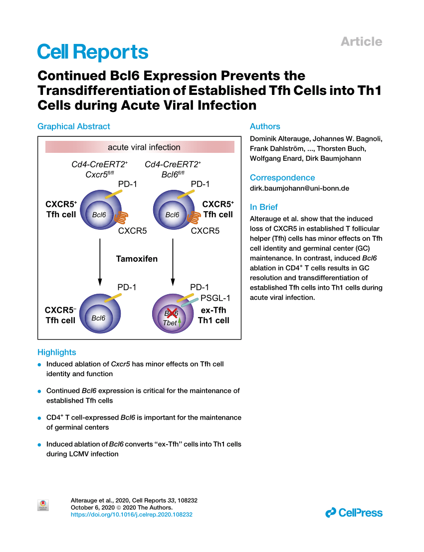 Pdf Continued l6 Expression Prevents The Transdifferentiation Of Established Tfh Cells Into Th1 Cells During Acute Viral Infection