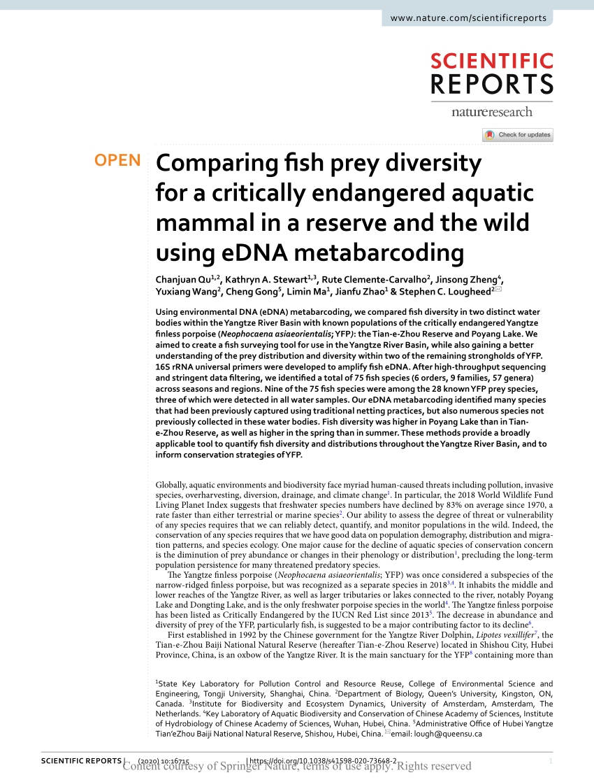 PDF) Comparing fish prey diversity for a critically endangered aquatic  mammal in a reserve and the wild using eDNA metabarcoding