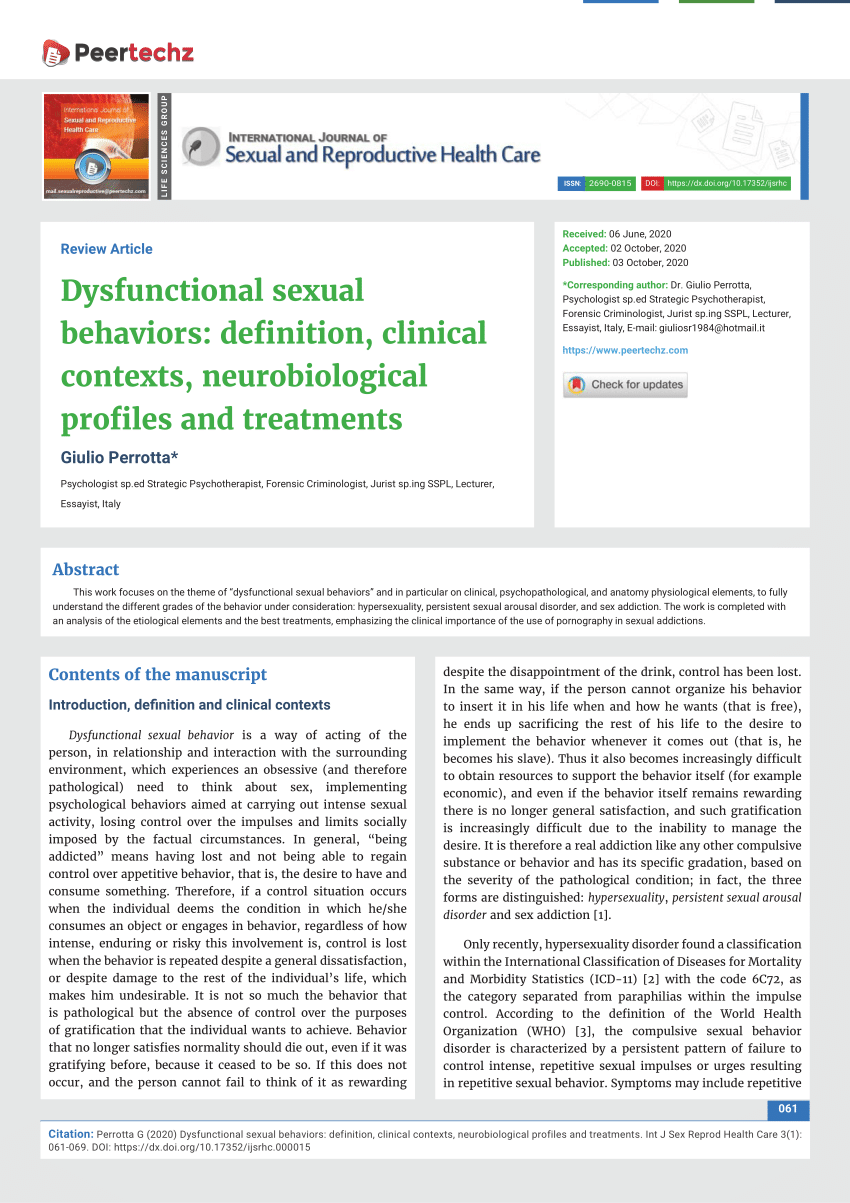 PDF) Dysfunctional sexual behaviors definition, clinical contexts, neurobiological profiles and treatments