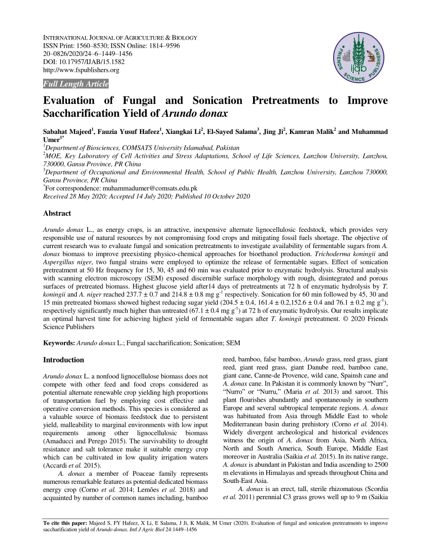 Pdf Evaluation Of Fungal And Sonication Pretreatments To Improve Saccharification Yield Of Arundo Donax