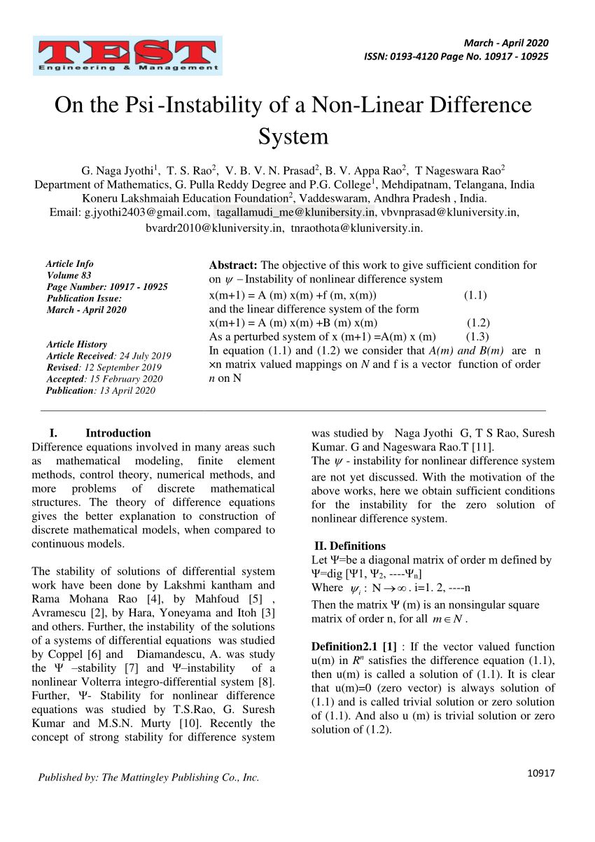 Pdf On The Psi Instability Of A Non Linear Difference System
