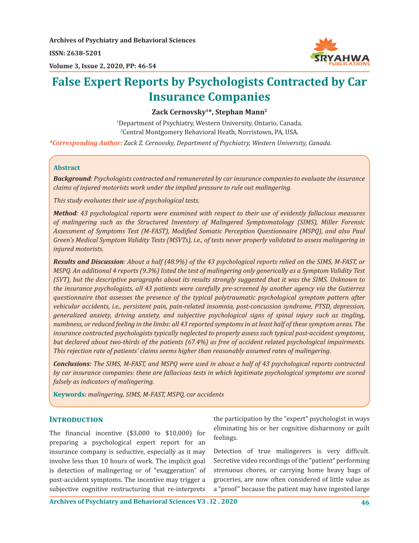 (PDF) False Expert Reports by Psychologists Contracted by