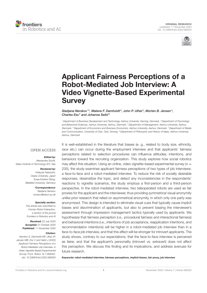 PDF) Applicant Fairness Perceptions of a Robot-Mediated Job ...