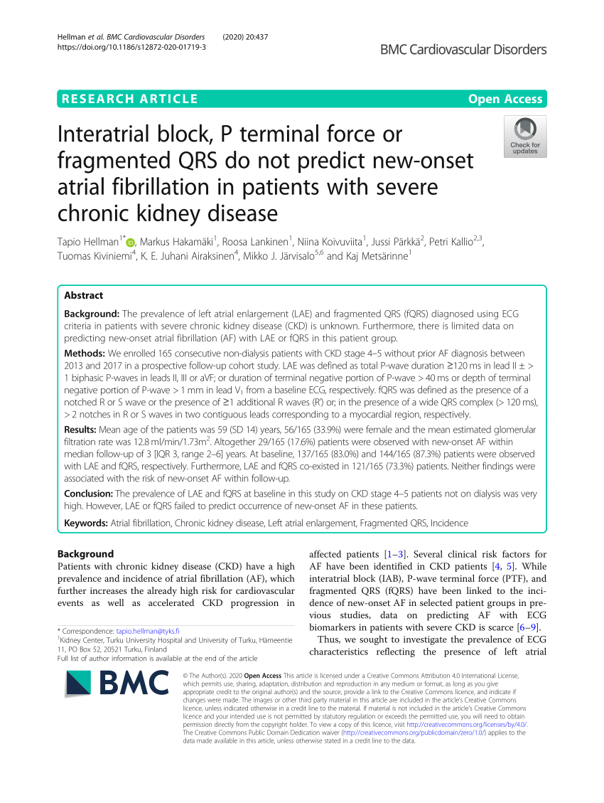 PDF) Interatrial block, P terminal force or fragmented QRS do not predict  new-onset atrial fibrillation in patients with severe chronic kidney disease