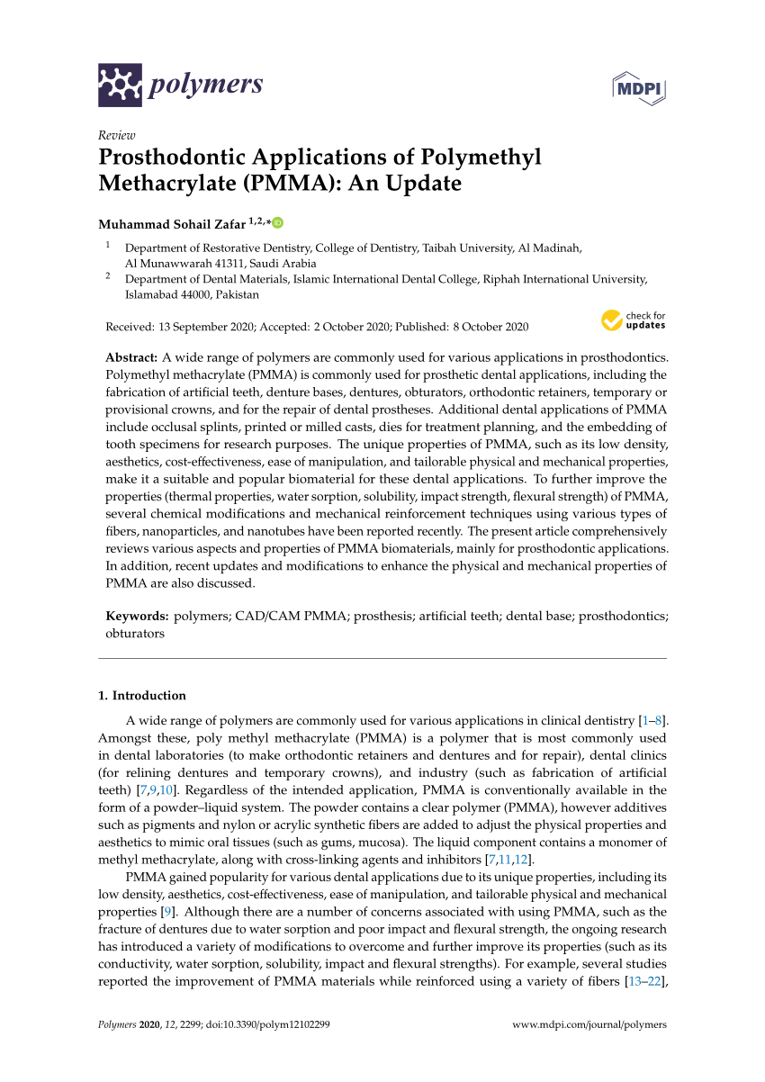 Pdf Prosthodontic Applications Of Polymethyl Methacrylate Pmma An Update