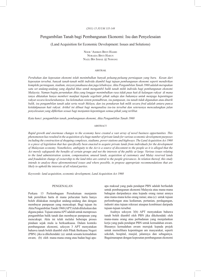 Pdf Pengambilan Tanah Bagi Pembangunan Ekonomi Isu Dan Penyelesaian Land Acquisition For Economic Development Issues And Solutions