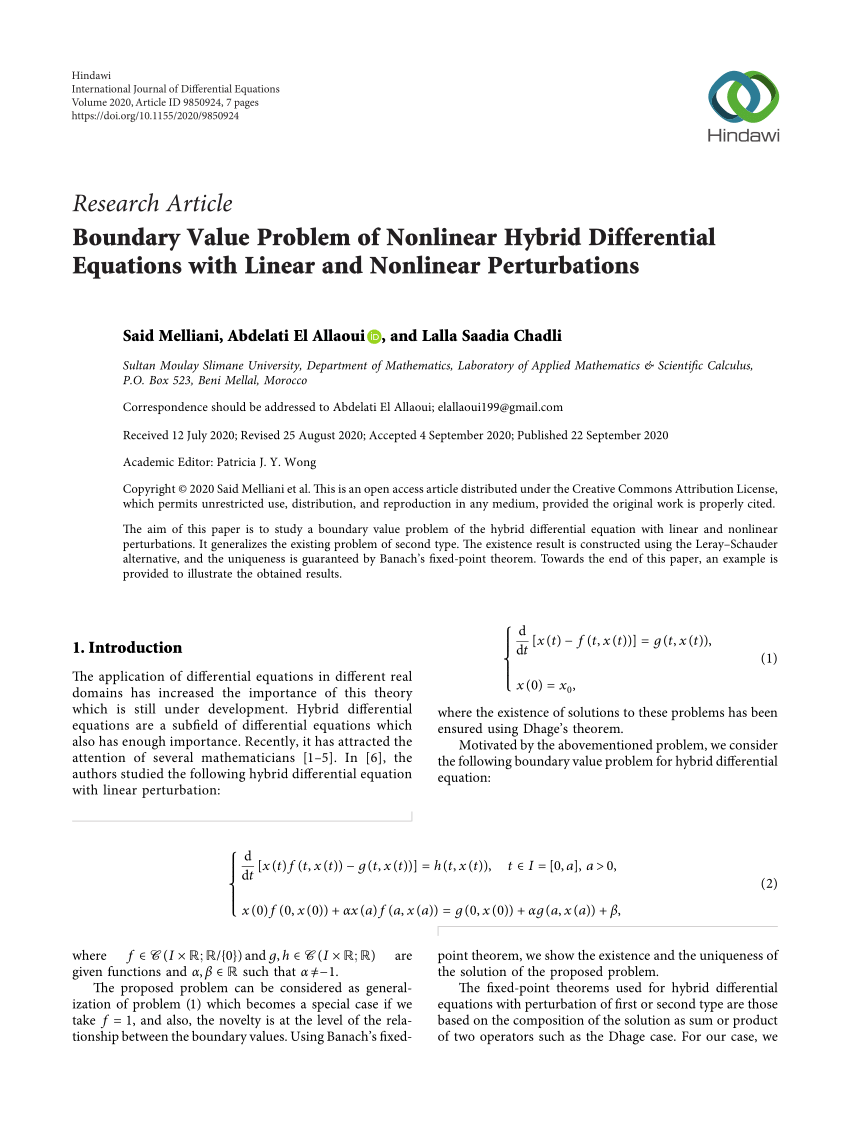 Pdf Boundary Value Problem Of Nonlinear Hybrid Differential Equations With Linear And Nonlinear Perturbations