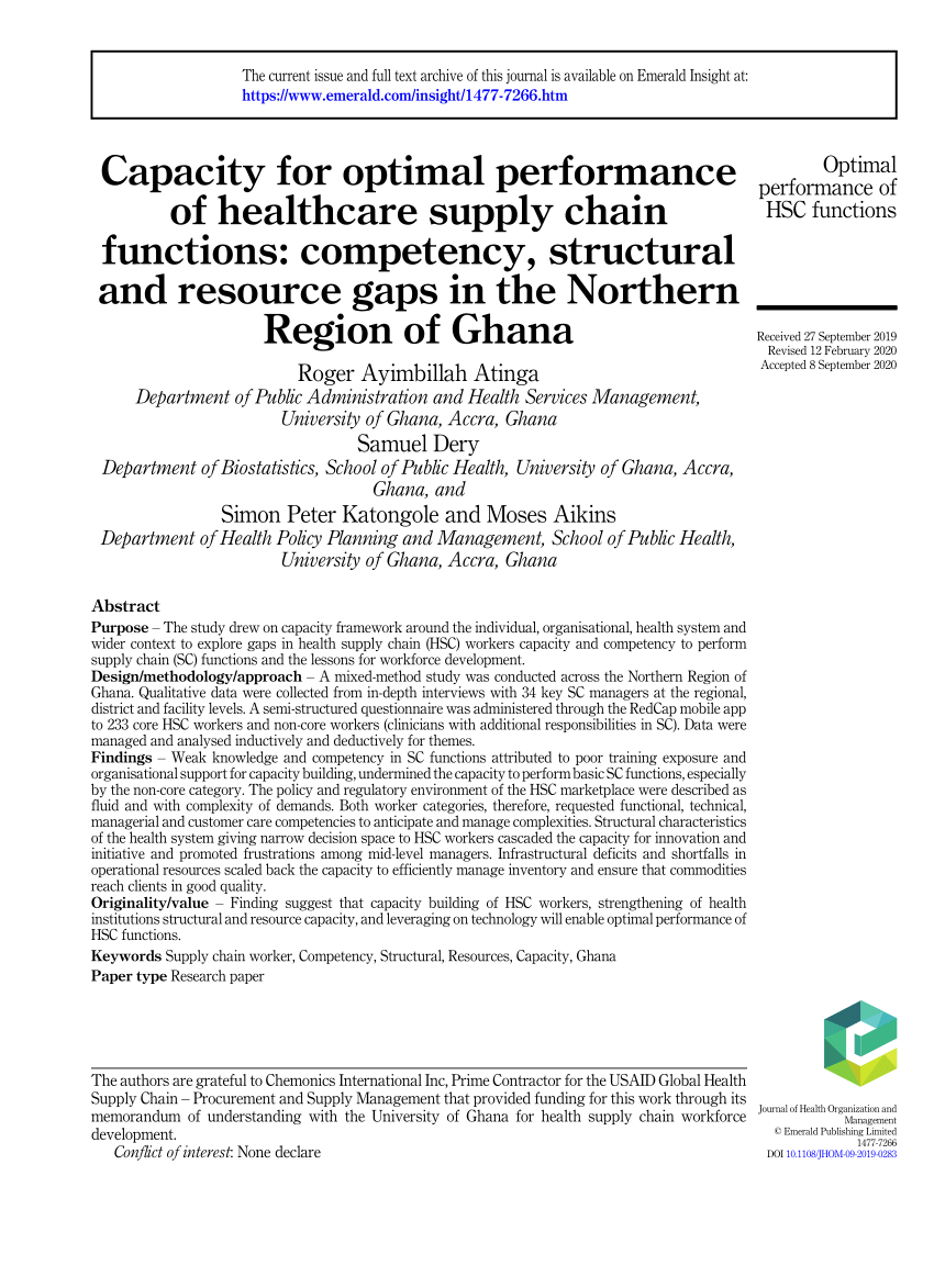 Pdf Capacity For Optimal Performance Of Healthcare Supply Chain Functions Competency Structural And Resource Gaps In The Northern Region Of Ghana