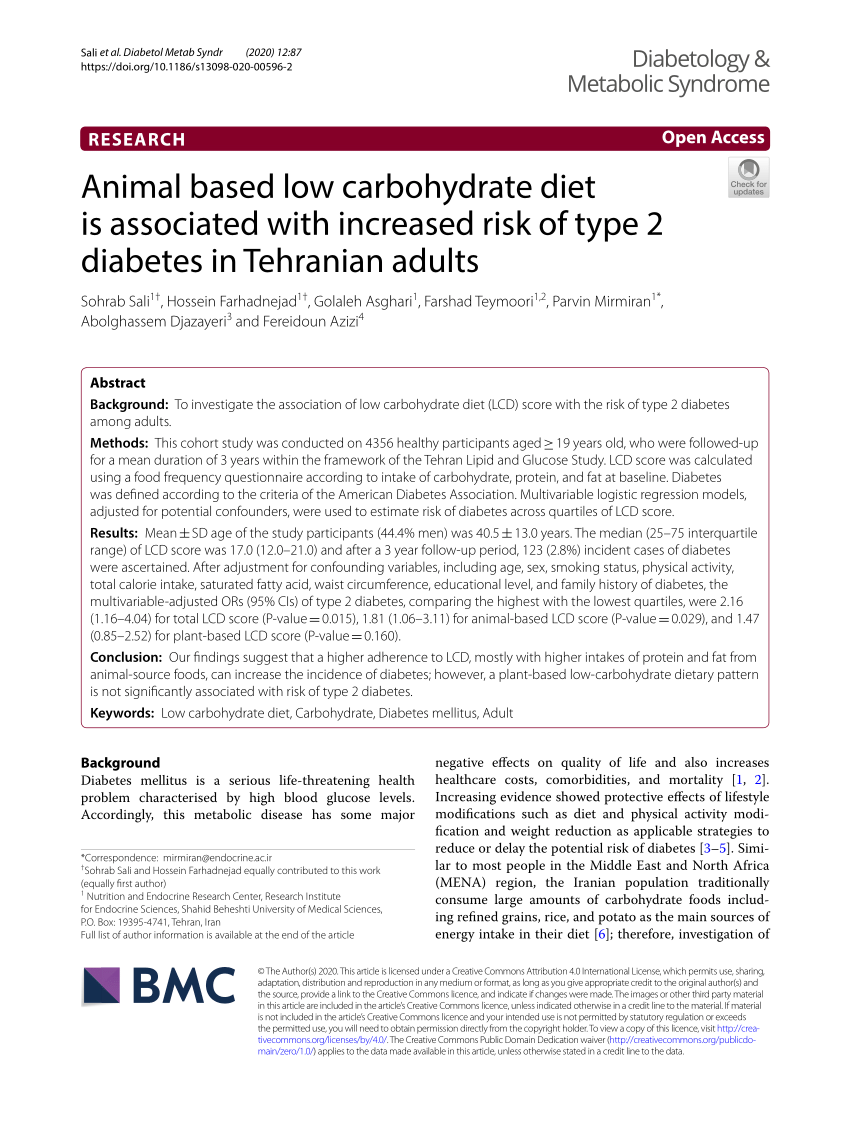 PDF) Animal based low carbohydrate diet is associated with increased risk  of type 2 diabetes in Tehranian adults
