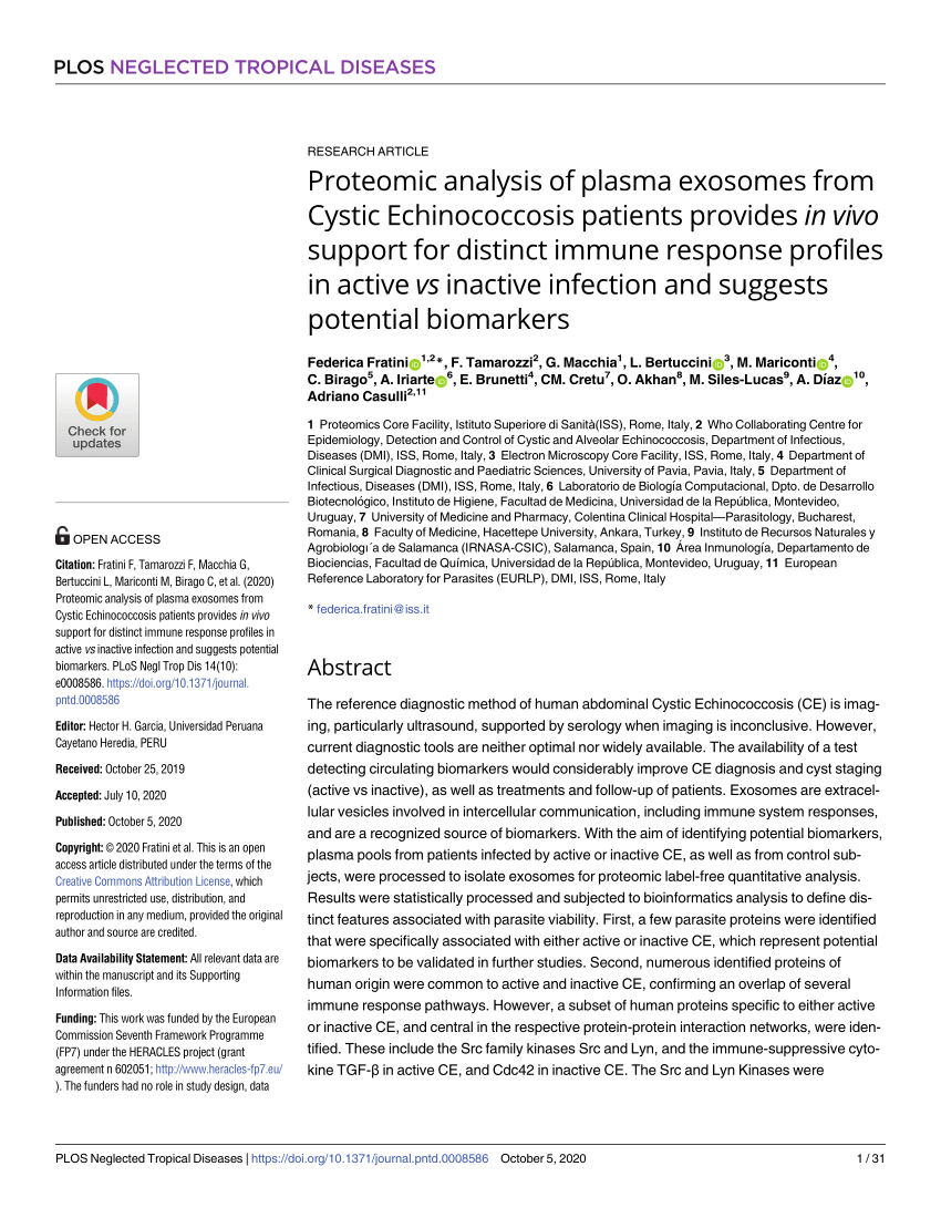 Pdf Proteomic Analysis Of Plasma Exosomes From Cystic Echinococcosis Patients Provides In Vivo Support For Distinct Immune Response Profiles In Active Vs Inactive Infection And Suggests Potential Biomarkers