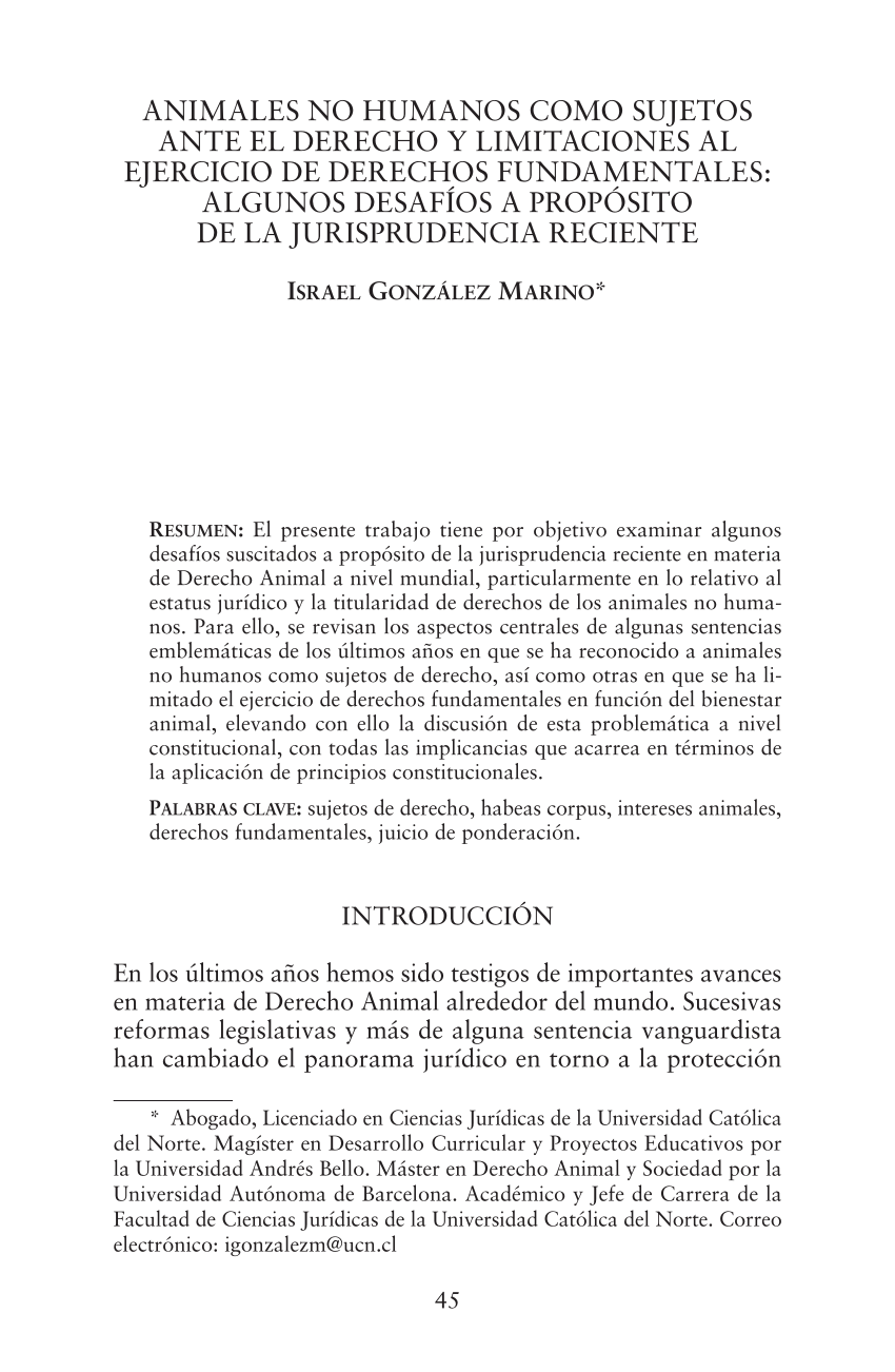 Pdf Animales No Humanos Como Sujetos Ante El Derecho Y Limitaciones Al Ejercicio De Derechos Fundamentales Algunos Desafios A Proposito De La Jurisprudencia Reciente