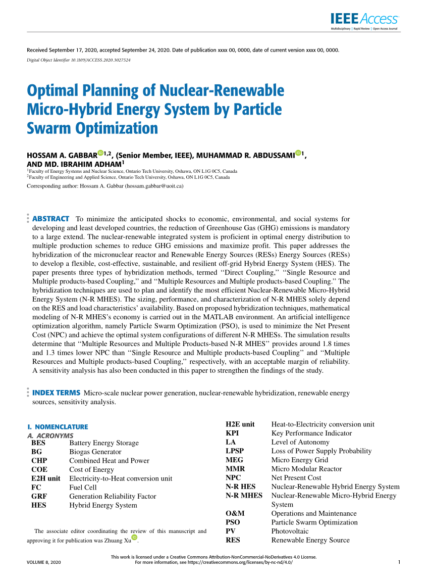 Pdf Optimal Planning Of Nuclear Renewable Micro Hybrid Energy System By Particle Swarm Optimization