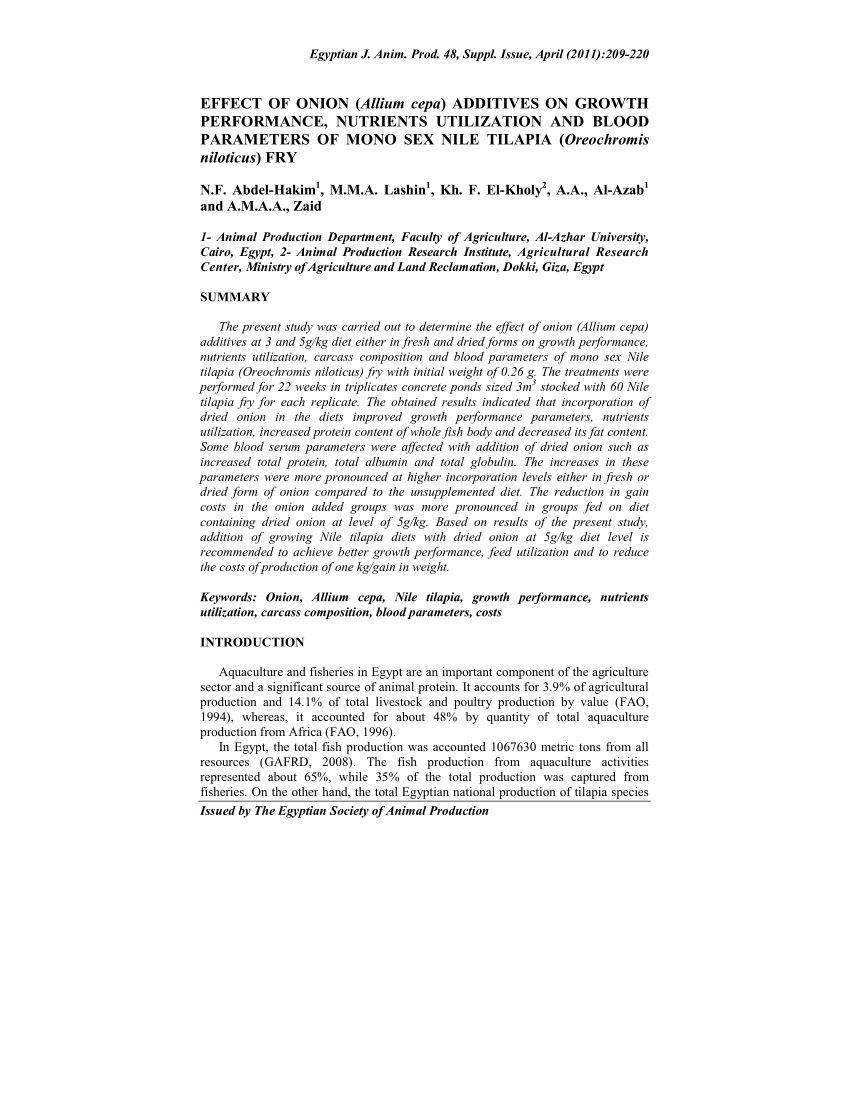 PDF) EFFECT OF ONION (Allium cepa) ADDITIVES ON GROWTH PERFORMANCE,  NUTRIENTS UTILIZATION AND BLOOD PARAMETERS OF MONO SEX NILE TILAPIA  (Oreochromis niloticus) FRY