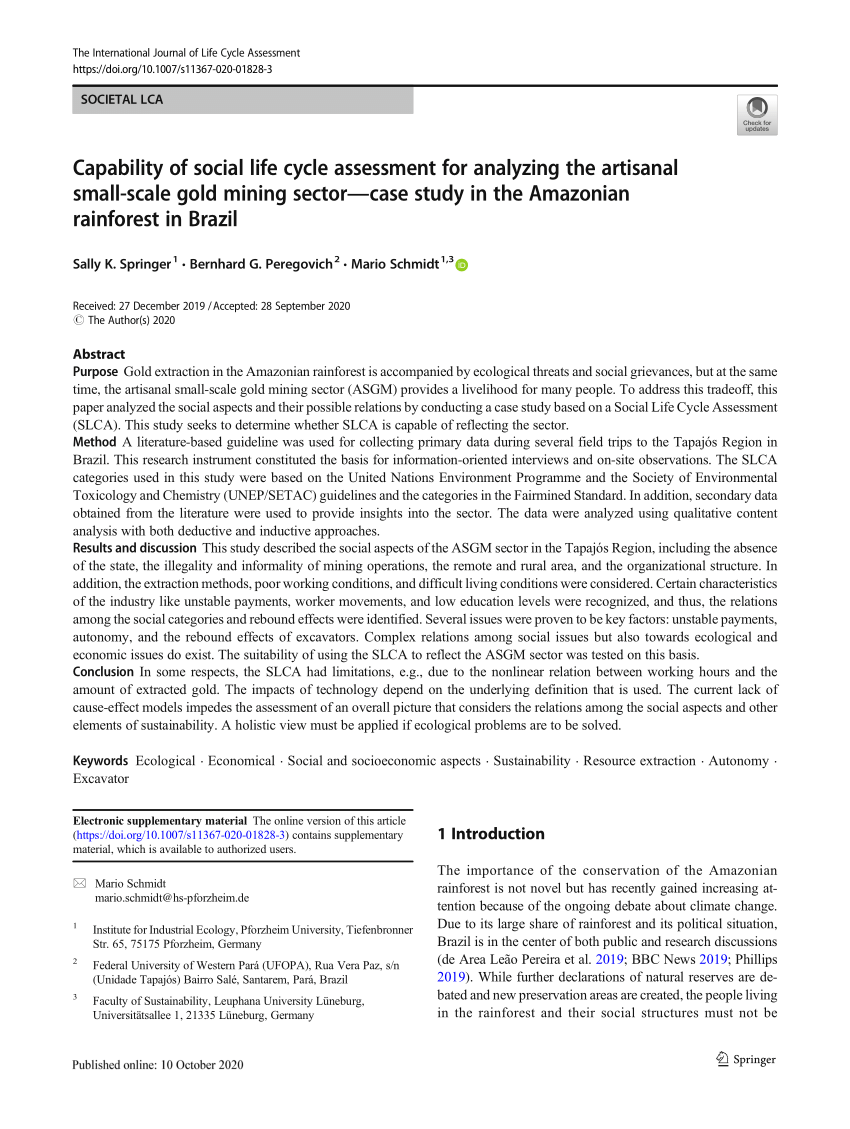 PDF) Capability of social life cycle for analyzing the artisanal small-scale gold mining sector-case study in the Amazonian rainforest in Brazil