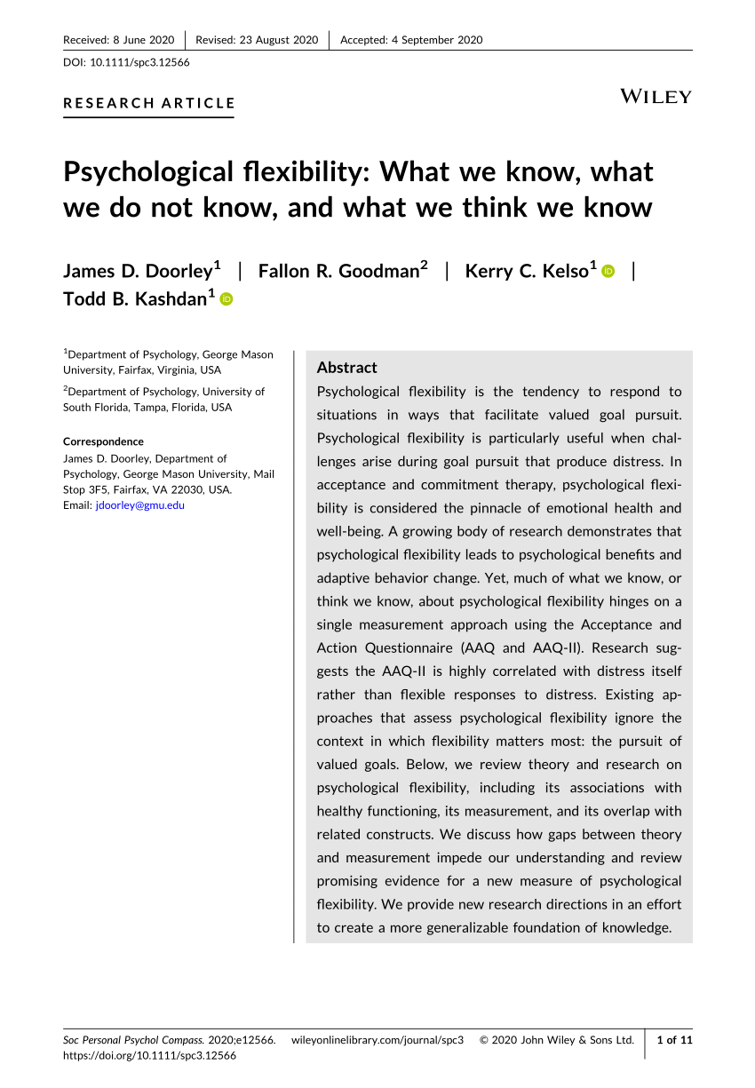 Pdf Psychological Flexibility What We Know What We Do Not Know And What We Think We Know