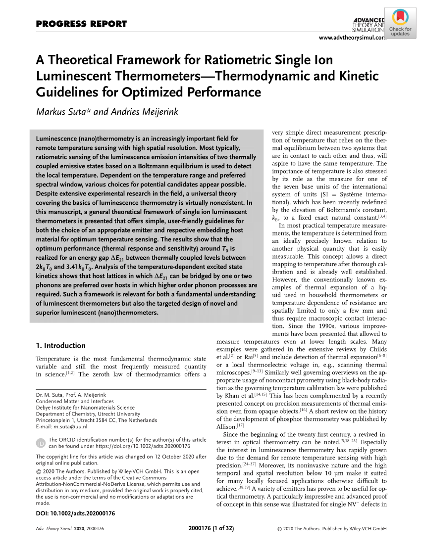 Pdf A Theoretical Framework For Ratiometric Single Ion Luminescent Thermometers Thermodynamic And Kinetic Guidelines For Optimized Performance