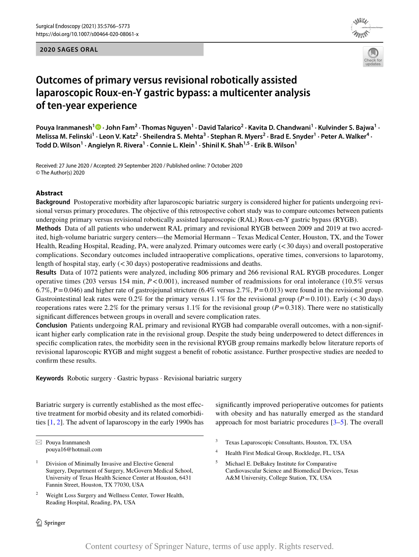 Pdf Outcomes Of Primary Versus Revisional Robotically Assisted Laparoscopic Roux En Y Gastric Bypass A Multicenter Analysis Of Ten Year Experience - current 2019 bypassed roblox ids p