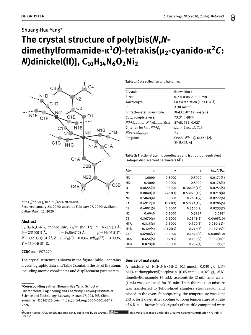 Pdf The Crystal Structure Of Poly Bis N N Dimethylformamide K1o Tetrakis M2 Cyanido K2c N Dinickel Ii C10h14n6o2ni2