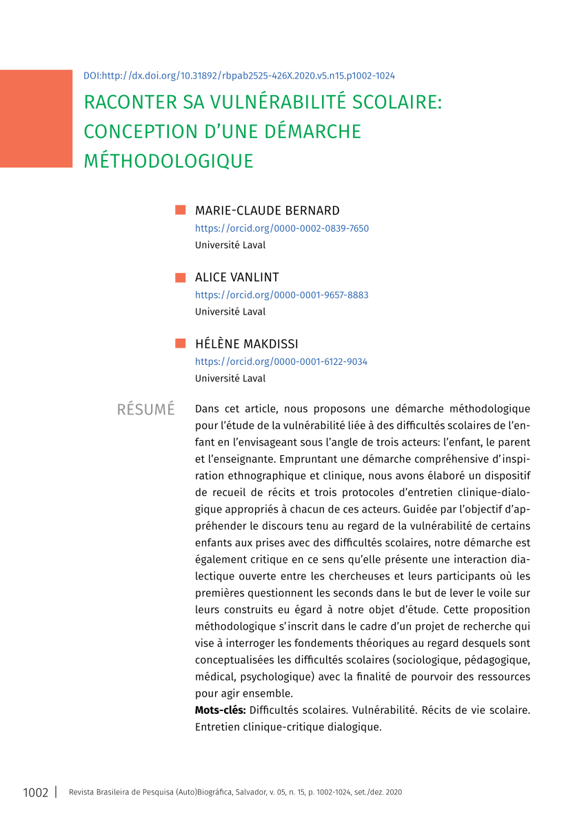 Pdf Raconter Sa Vulnerabilite Scolaire Conception D Une Demarche Methodologique Telling About One S Vulnerability At School Designing A Methodological Approach Narrar A Vulnerabilidade Escolar Concepcao De Uma Abordagem Metodologica Relatar