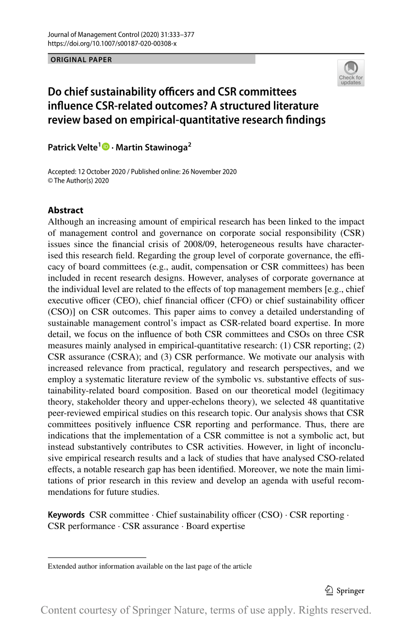 PDF) Do chief officers and CSR committees influence CSR-related outcomes? structured literature based on empirical-quantitative research findings