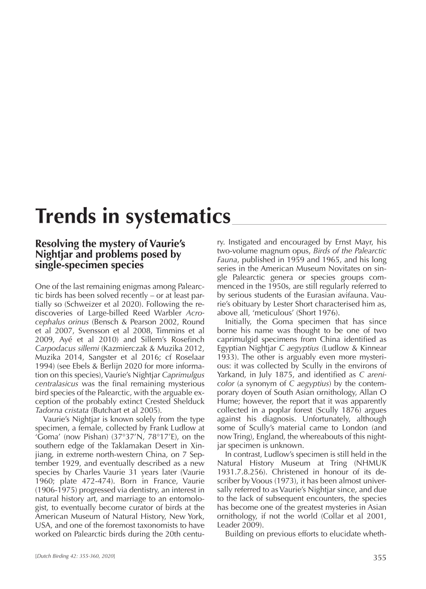 Pdf Trends In Systematics Resolving The Mystery Of Vaurie S Nightjar And Problems Posed By Single Specimen Species
