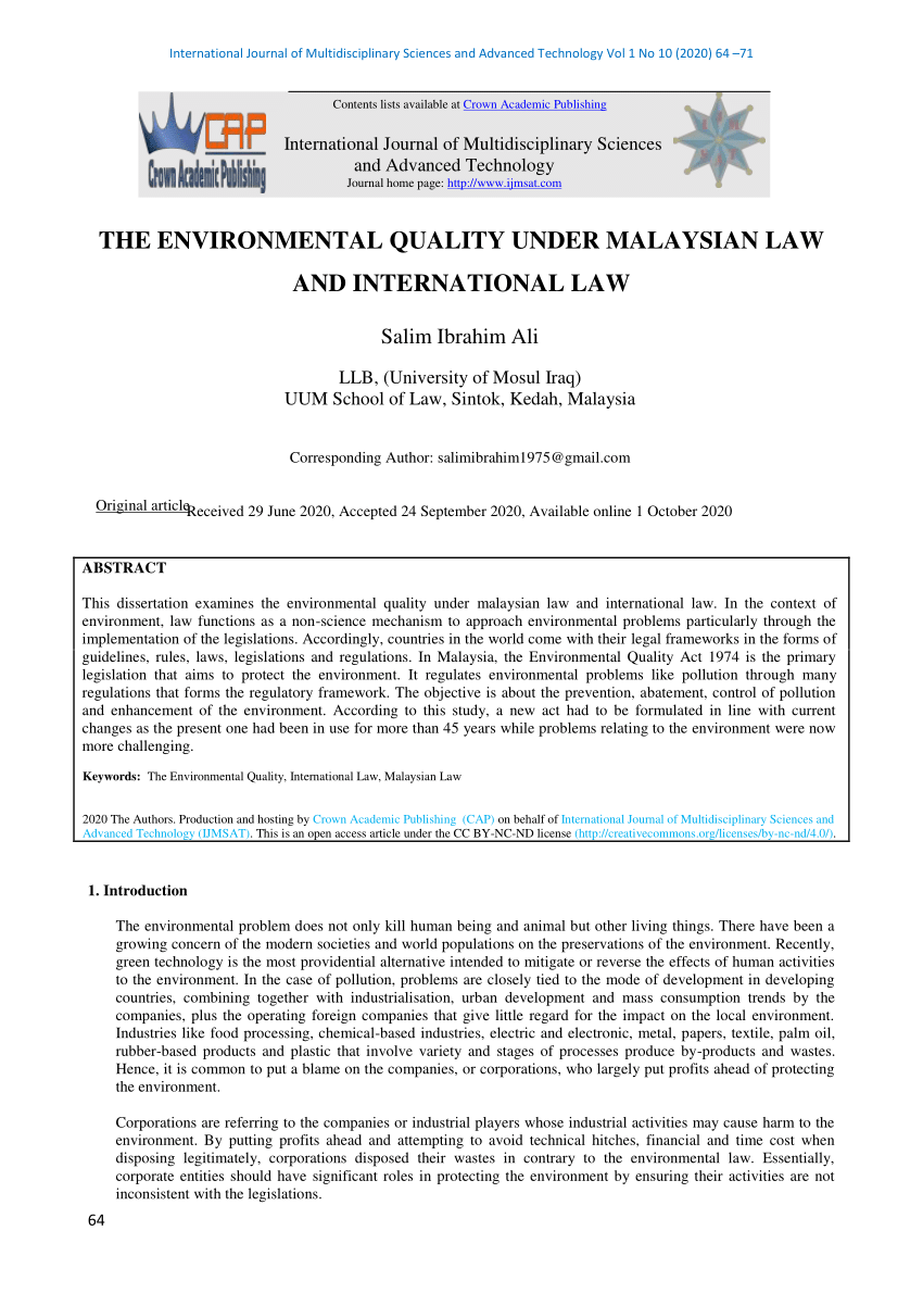 Pdf) The Environmental Quality Under Malaysian Law And International Law