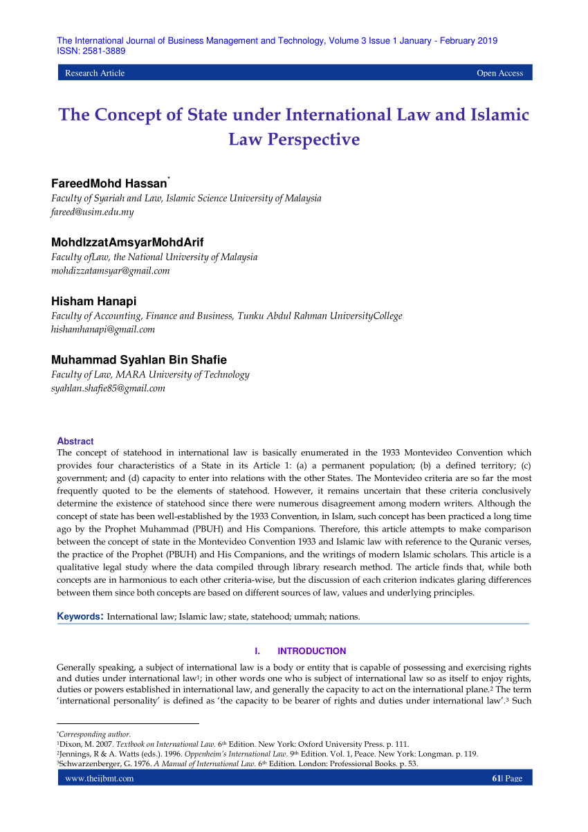 PDF) The Concept of State under International Law and Islamic Law 