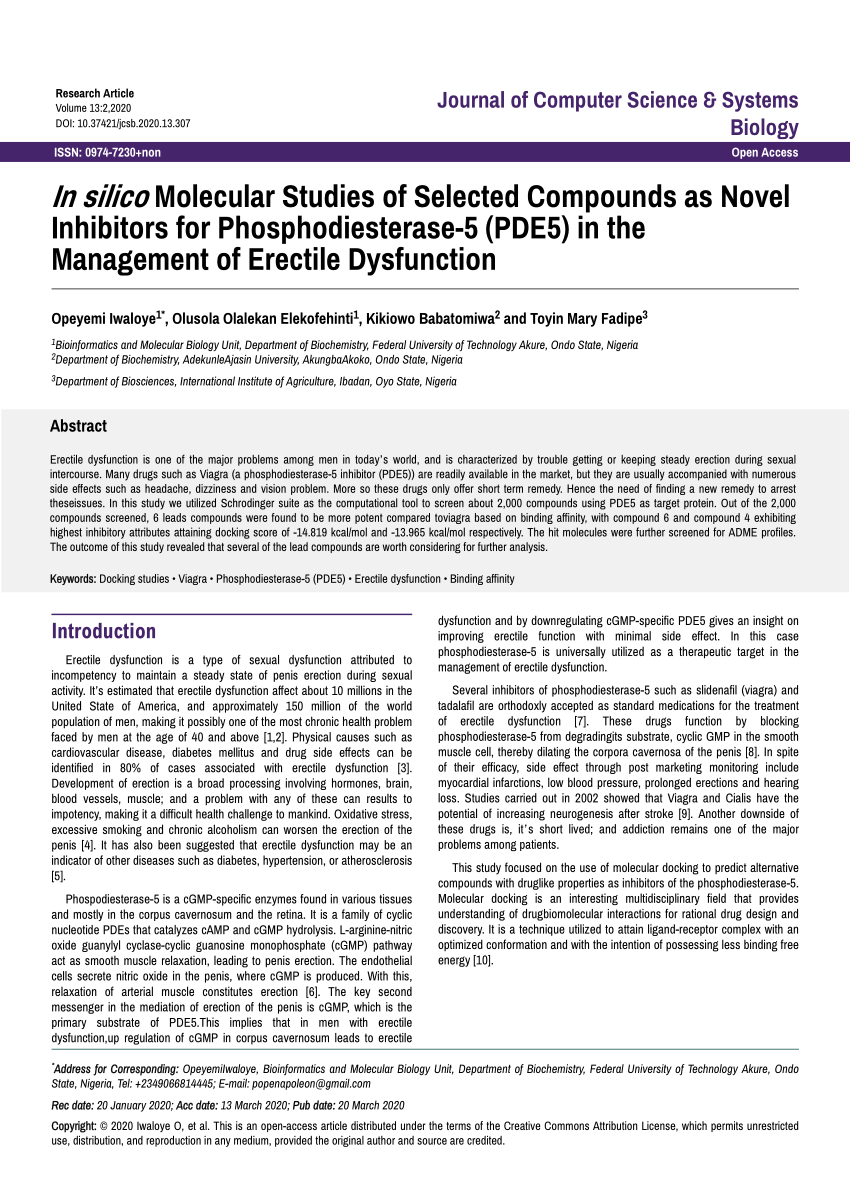 PDF) In silico Molecular Studies of Selected Compounds as Novel Inhibitors  for Phosphodiesterase-5 (PDE5) in the Management of Erectile Dysfunction