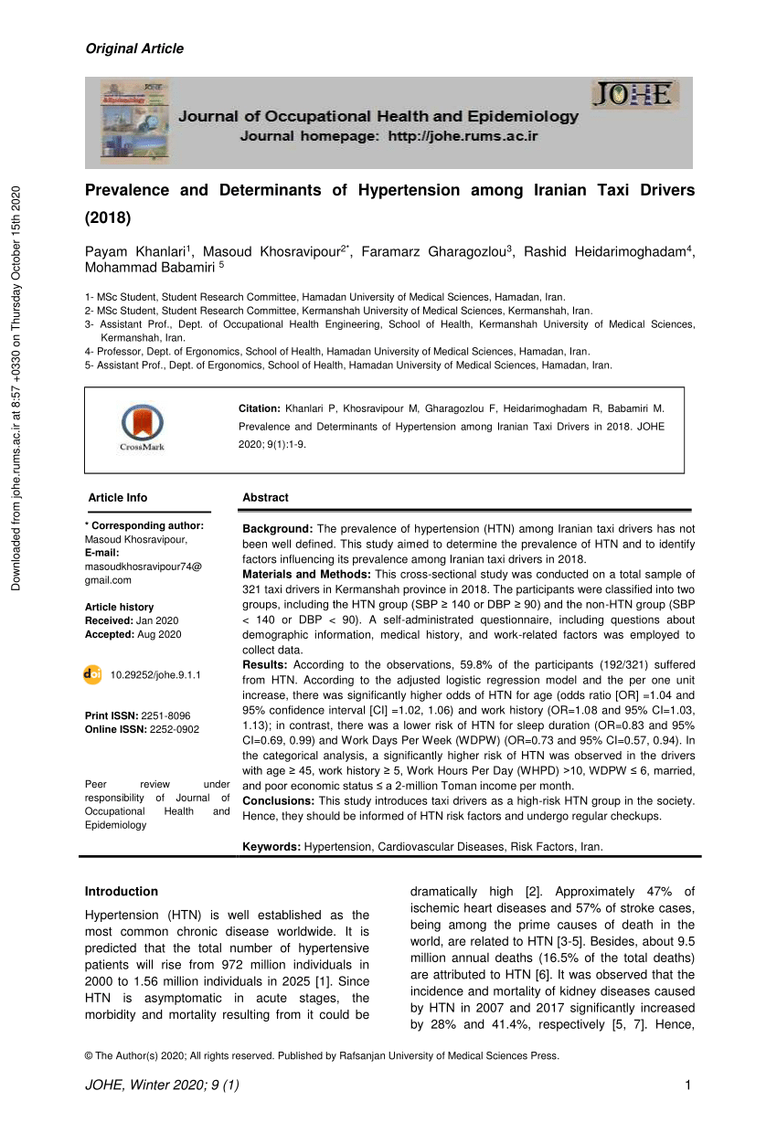 Pdf Prevalence And Determinants Of Hypertension Among Iranian Taxi Drivers 2018